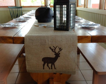 Burlap Table Runner 16" & 18" wide with a Deer on each end