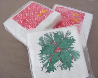Vintage Christmas, 1970's Merry Christmas, Holly Napkins, Paper Christmas Napkins, Christmas Decor