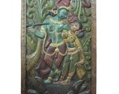 Vintage Hand Paint Dancing Dancing Krishna Radha Teak Wall Hanging Sculpture 72 X 36 Inches