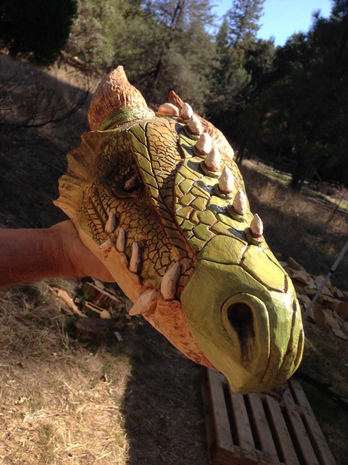 Large DRAGON HEAD Wood Carving OOAK Hand Carved & Painted