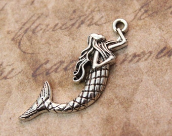 10 Mermaid Charms Mermaid Pendants Antiqued Silver 10 x 33 mm