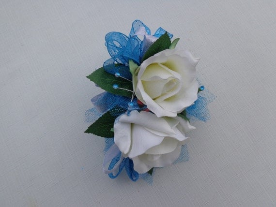 2 Piece Wrist Corsage And Matching Boutonniere In Aqua