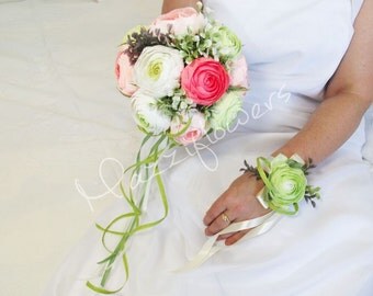 Wedding bouquet, Bridal bouquet,paper flower bouquet,Camellias, ranunculus,mint, white,salmon-raspberry ,paper flowers,bridal flower,