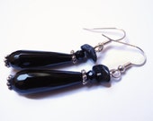 GIFT IDEA Black beaded semi precious gemstone dangle earrings of black onyx and silver,