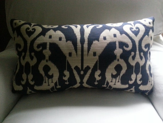 Items similar to Designer Ikat Navy Blue and Light Beige 14x24 Decorative Toss Throw Pillow ...