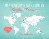 Gift for Best Friend, Long Distance World Map - 8x10 Custom Art Print, Friendship Quote, Sisters, Moving Away Gift, Going Away Gift Gift for Best Friend, Long Distance World Map - 8x10 Custom Art Print, Friendship Quote, Sisters, Moving Away Gift, Going Away Gift