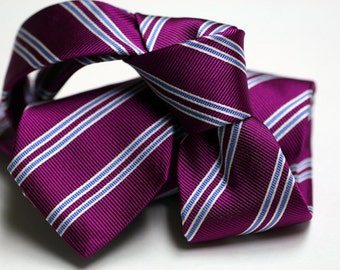 Skinny Silk Tie (2.75inch) in Stripes with Fuchsia, Blue, White