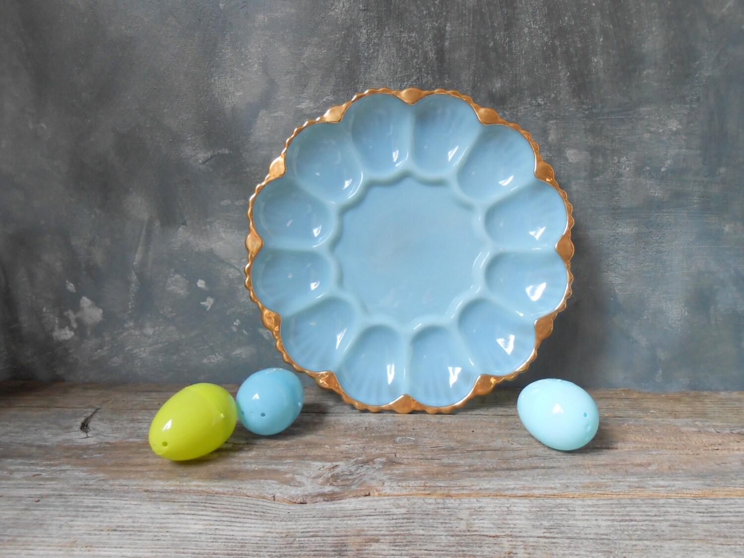 Vintage Blue Milk Glass Deviled Egg Plate Pressed Milk Glass