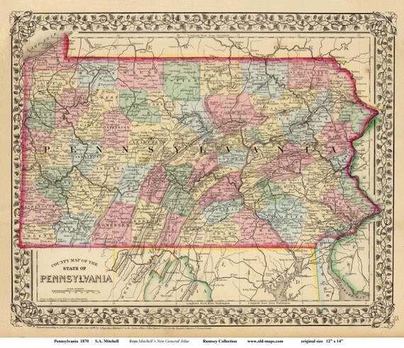 Pennsylvania 1870 State Map Mitchell 16 x 20