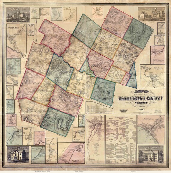 Washington County Vermont 1858 Wall Map Reprint with Homeowner Names