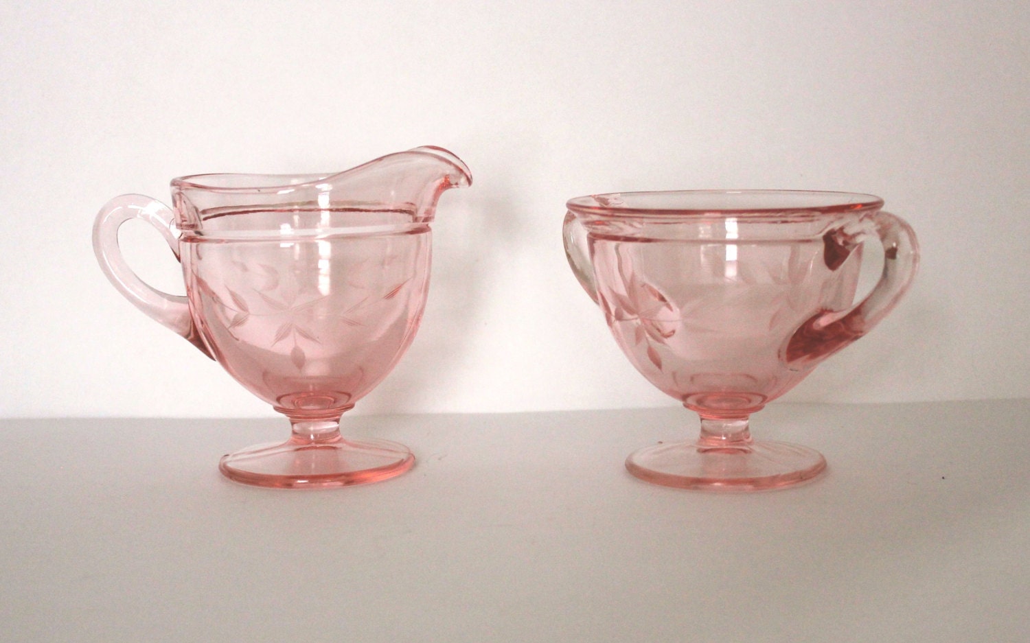 Vintage Etched Pink Depression Glass Creamer and Sugar Set