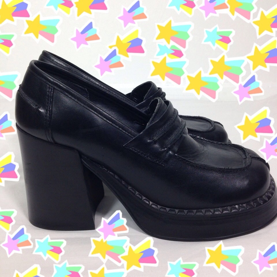 90s Black Leather Chunky Heel Preppy Grunge Goth Platforms