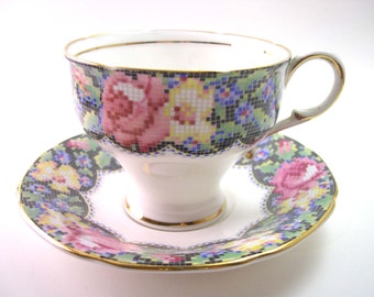 Antique 1940's Paragon Tea cup And Saucer, Paragon teacup set with flowers, English tea cup set, Needle point flower design .