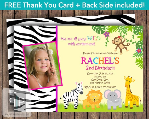 Jungle Birthday Invitation, Safari Birthday Invitation, Zoo Birthday, Zebra Print, Free Thank You Card, Front and Back, Printable Invitation Il_570xn
