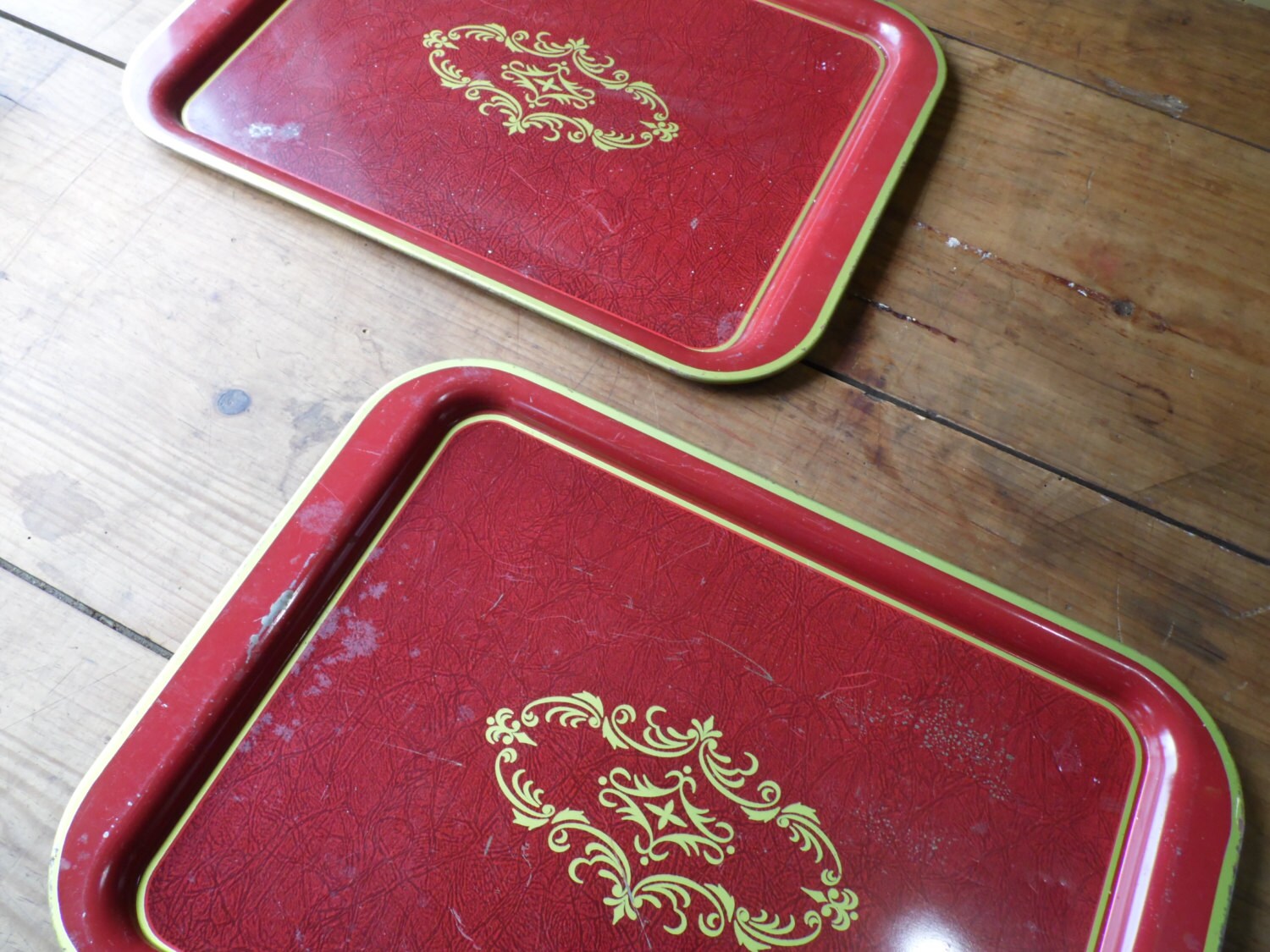 Tray/Metal Trays/Red Trays/Vintage Serving by OldSteamerTrunkJunk