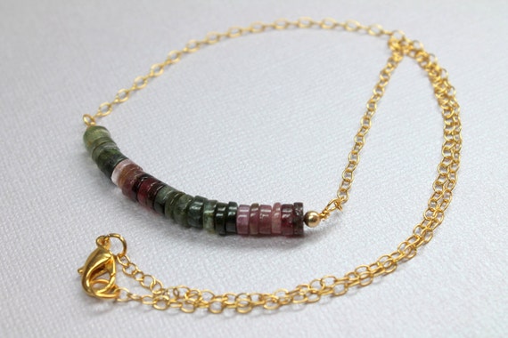 Tourmaline Necklace, Heishi Tourmaline Bar Necklace, Watermelon Tourmaline Necklace, Tourmaline on Gold Chain, Ombre Necklace