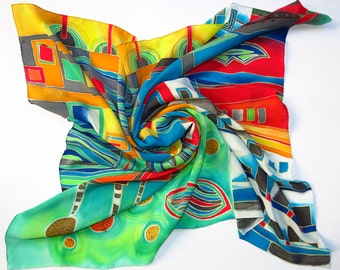 Hundertwasser silk scarf. Rainbow scarf. Hand painted silk scarf in blue, green, red painted silk. Batik scarf silk painting. Silk shawl