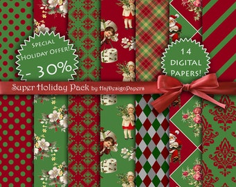 Christmas digital paper - "SUPER Holiday Pack" , digital christmas papers in red and green with santa, argyle, plaid, polka dots and damask