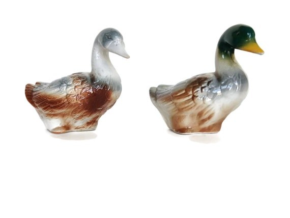 Ceramic duck figurines vintage Brazil painted birds gift for him den decor