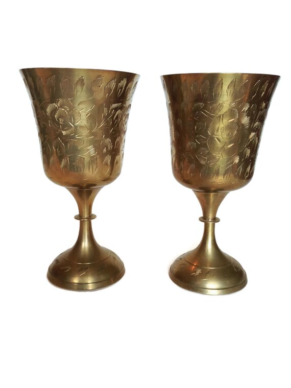 Etched brass goblets vintage metal cups made in India