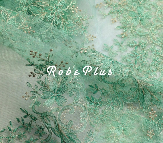 Aquamarine Tulle Lace with Golden Color Embroidery