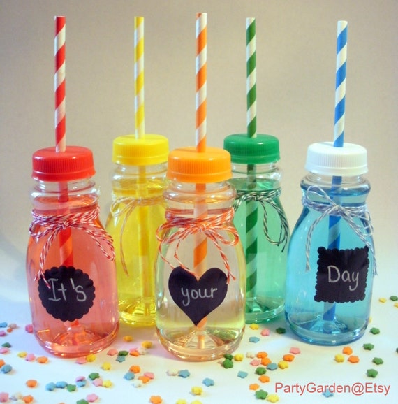 10 Vintage Clear Plastic Milk Bottles and Lids with Straw Holes - Small 8 oz Il_570xn
