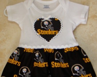 DISCONTINUING ITEM, FOOTBALL Onesie, Appliqued One piece Romper, made with Steelers fabrics, Sports Rompers, Rompers with skirt.