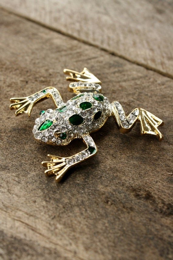 Vintage Crystal Frog Brooch
