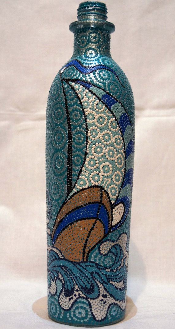 Items similar to Sailboat Hand Painted Bottle, Dot Art, Dot Painting on