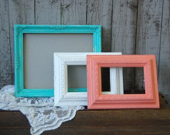 Shabby Chic Frames, Tiffany Blue, Coral, White, Photo, Glass, Wedding ...