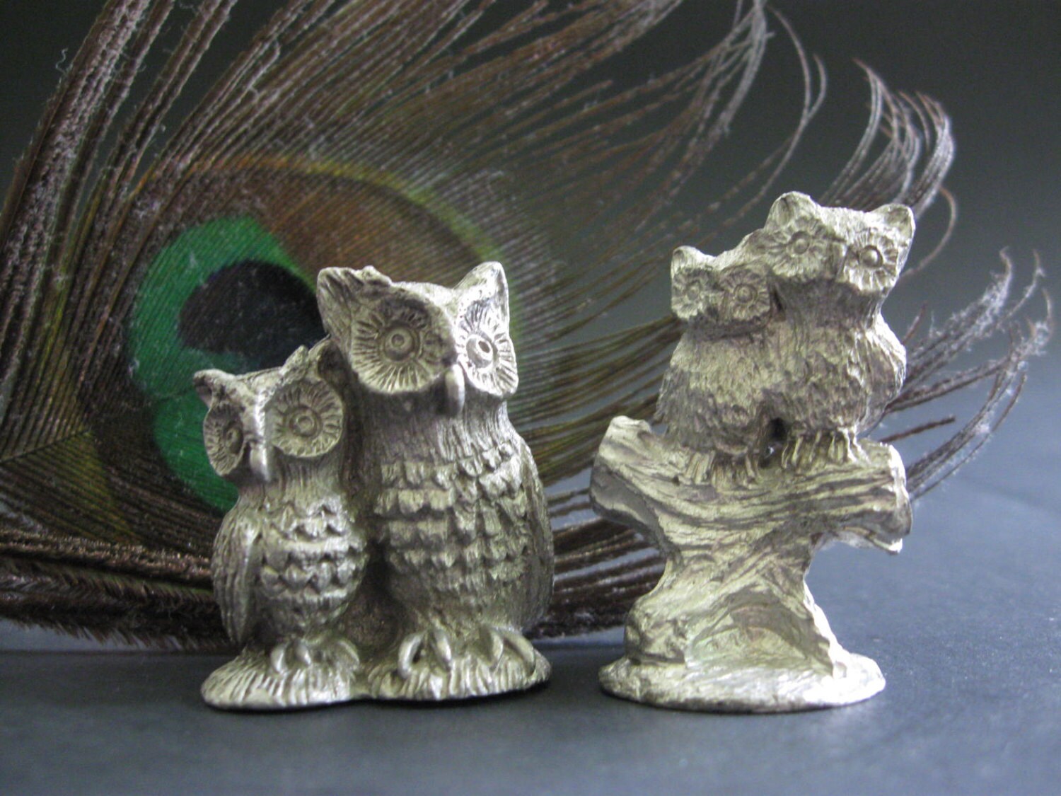 2 Pewter Miniature Owl Statues/Figurines Spoontiques 2024