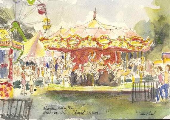 Original watercolor painting ink drawing carousel