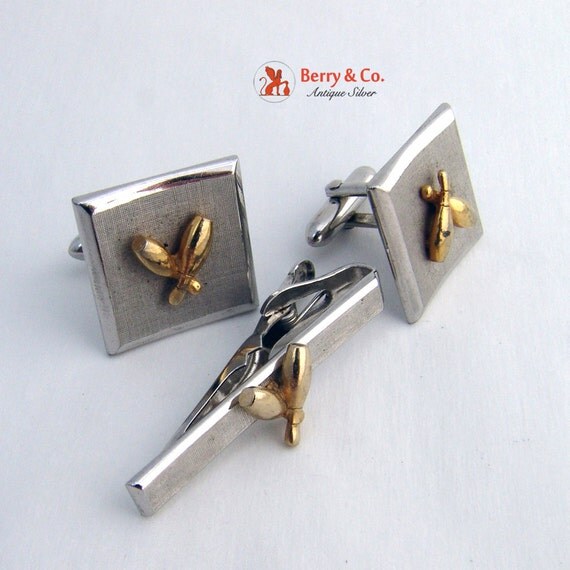 Vintage Cufflinks and Tie Clip Bowling Pins Swank