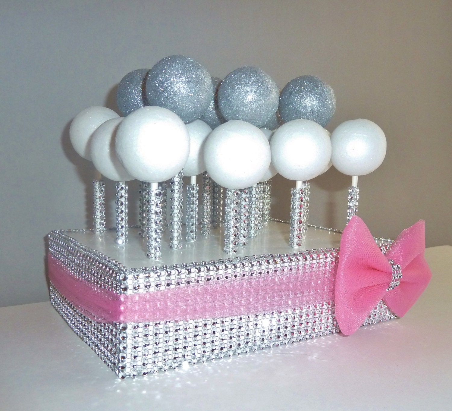 cotton candy hot pink tulle bow silver bling cake pop stand