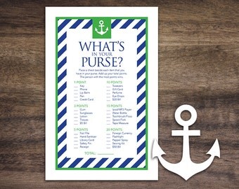 Instant Download Nautical Theme Baby Shower What's In Your Purse Game Cards, Printable Party Sheets for Boy, Blue Green Sailor #26B
