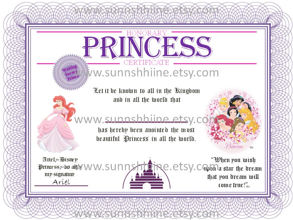 Princess Certificate ARIEL Disney Cinderella Belle by sunnshhiine