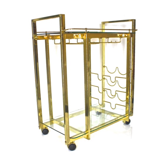 Rolling Bar Cart Brass Glass Vintage 1980s Modern