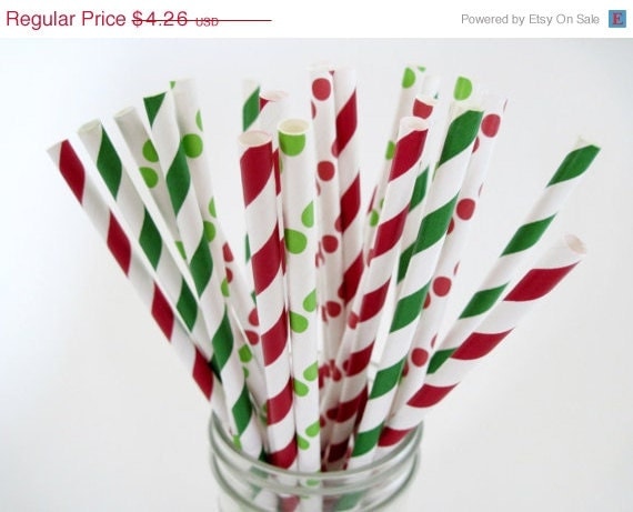 15% off - 25 Christmas Red and Green Paper Straw Mix - Stripe & Dot - ships less than 24 hours Il_570xn