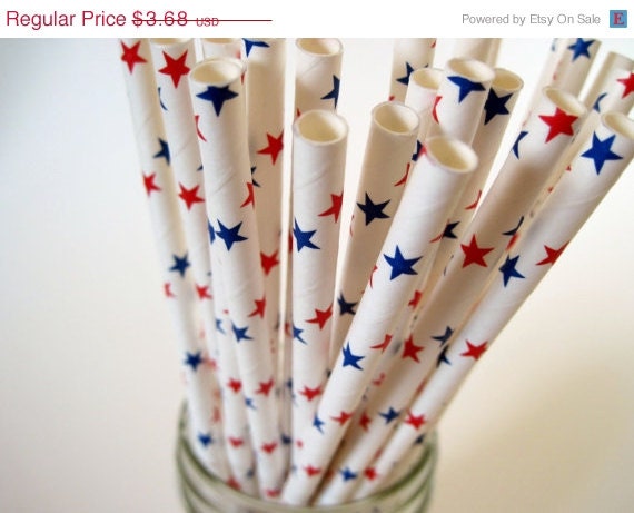 ON SALE 25 Red and Blue Stars Paper Straws - ships less than 24 hours Il_570xn