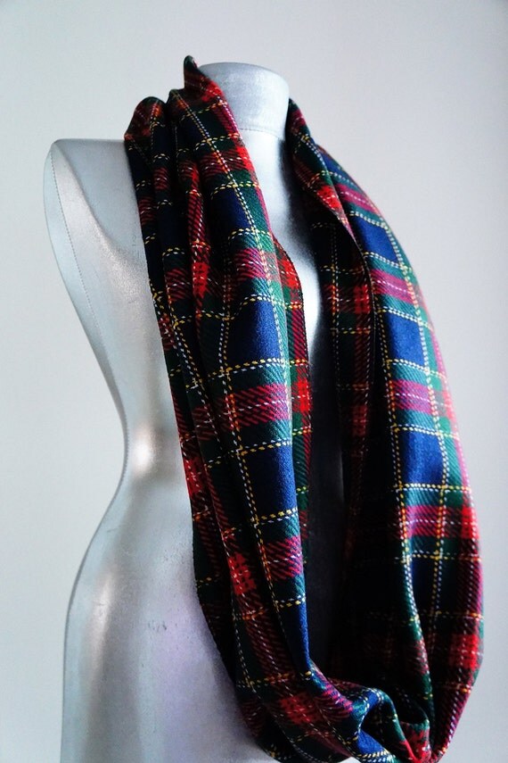 Handmade Tartan Infinity Scarf Wool Red Navy Blue Green