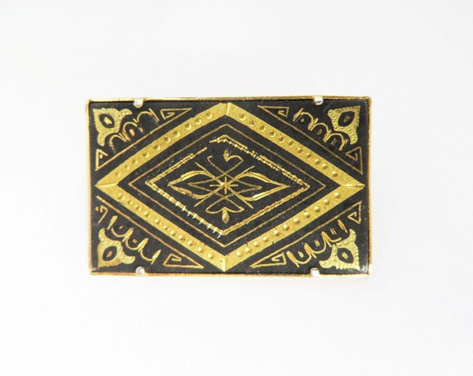 Black and Gold Rectangle Brooch, Vintage Damascene Pin