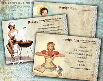 Pin Up Recipe Cards - Digital Collage Sheet - Recipe Cards - Cooking - Pin Up - Retro - Digital Paper - Scrapbook - Decoupage - Printables