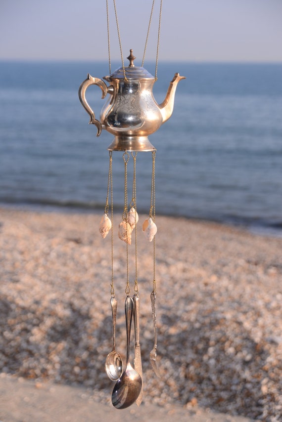 Vintage silver plate teapot wind chime holey stone shell wall