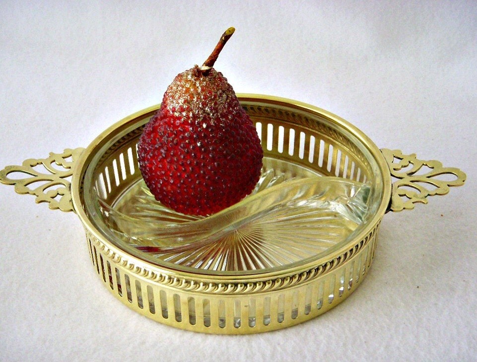 Brass Serving Dish, Scallop Handles, Candy Dish, Relish Tray, Handled