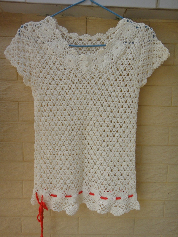 white Crochet Women Tunic Blouse Summer Top by Tinacrochetstudio