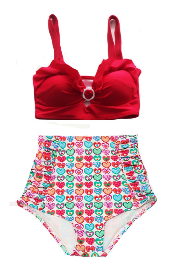 Red Top and Heart Graphic Ruched High-waist High Waisted Waist