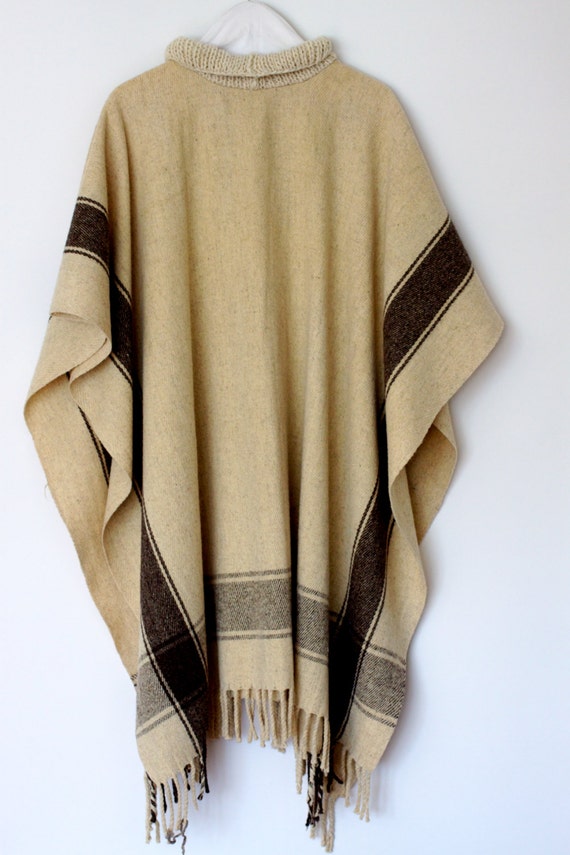 Vintage Boho Chic Hippie Wool Blanket Poncho Beige with