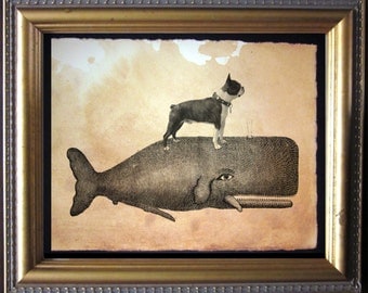 Boston Terrier Riding Whale - Vintage Collage Art Print on Tea Stained Paper - Vintage Art Print - Vintage Paper