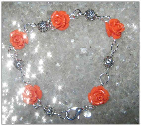 Handmade Silver Bracelet with Orange Resin Roses by IreneDesign2011