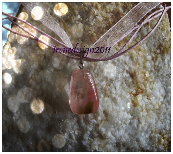 Beautiful Pink Silk Necklace with Strawqberry Quartz, Adjustable